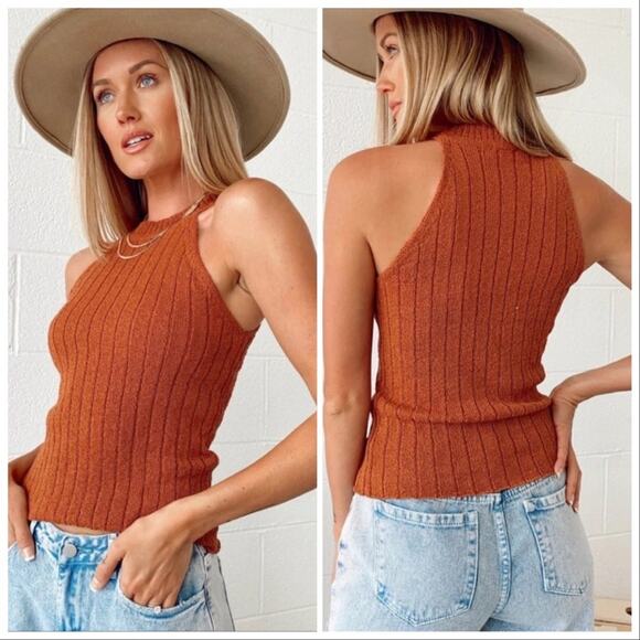 NEW VESTIQUE Rust Orange Brown High Cut Neck Ribbed 90s Sweater Tank Top Shirt S - Picture 10 of 10